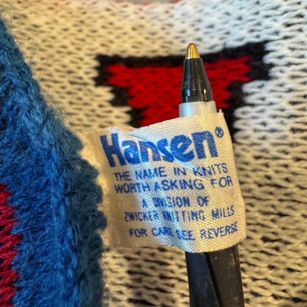Vintage Hansen‎ Geometric Triangle Knit Scarf Red Navy White Made in USA 80s 90s